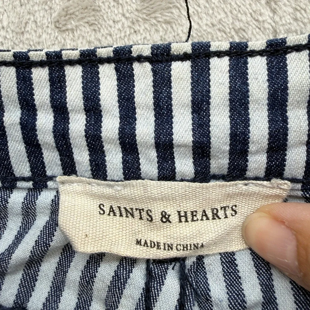 Saints & Hearts Bell Bottom Pants Womens S Navy White Striped Frayed Retro Boho